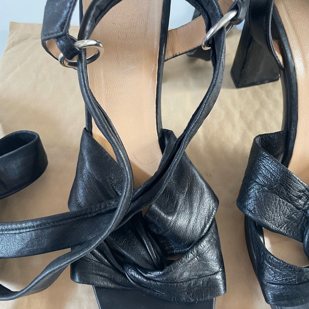 Black Leather Knot Front Strappy Heels